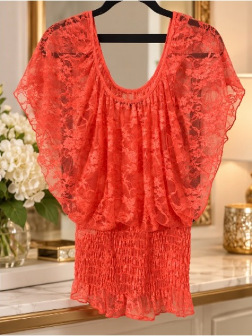 Orange Lace Blouse with Camisole Lining – Size M